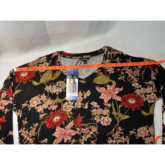 Well Worn Womens Soft V Neck Black Floral‎ Long Sleeve Top Pullover Size Large - Picture 5 of 9